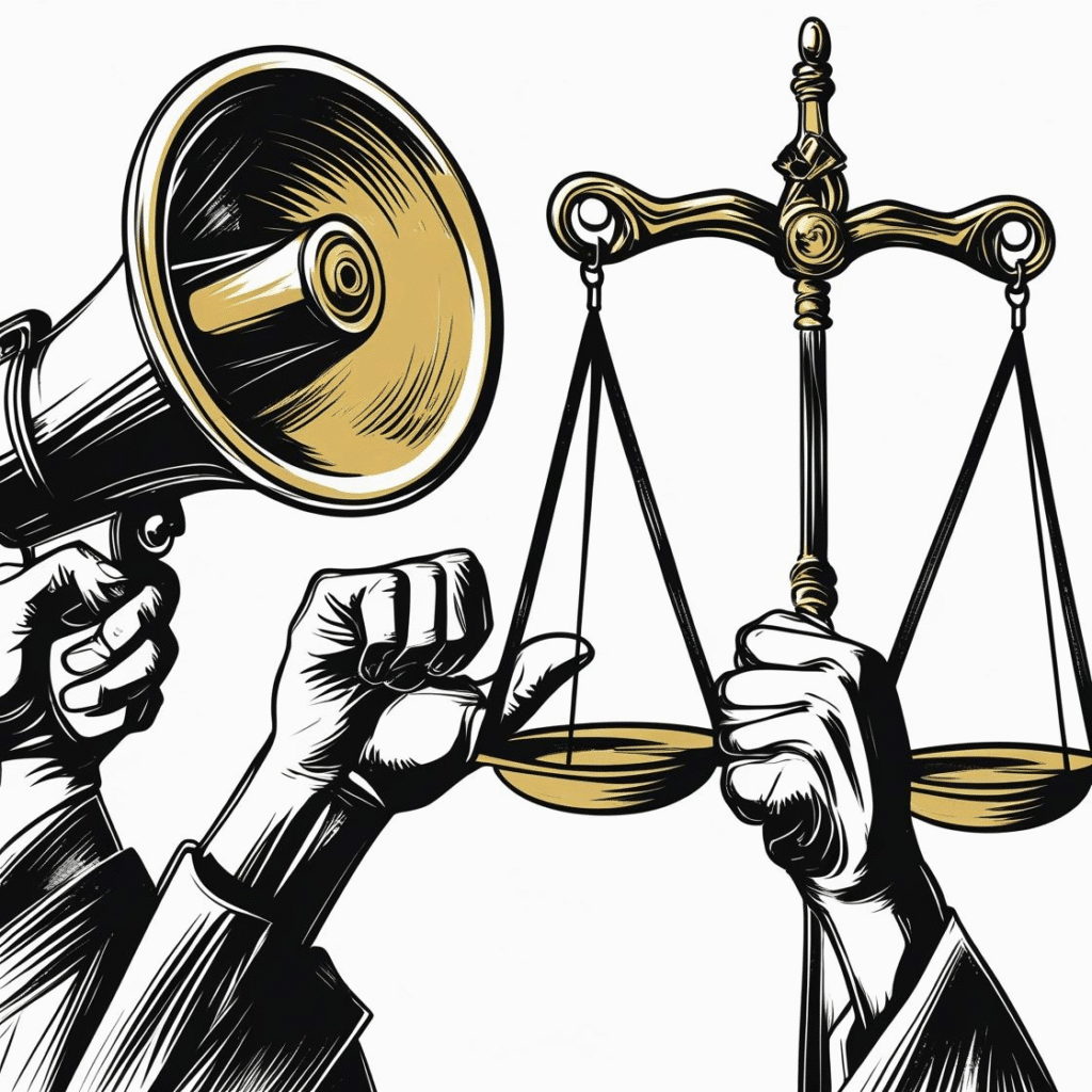 Untitled design (8) Megaphone icon beside scales of justice, symbolizing advocacy, inclusion, and responsible leadership at Parvaz Foundation"